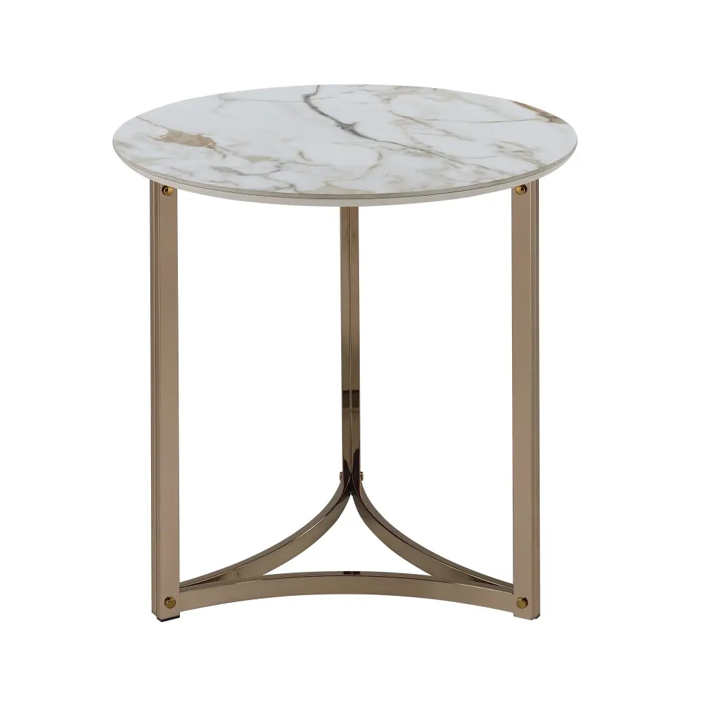 Aziz End Table Sintered Marble Top and Champagne Finish acme onsite store