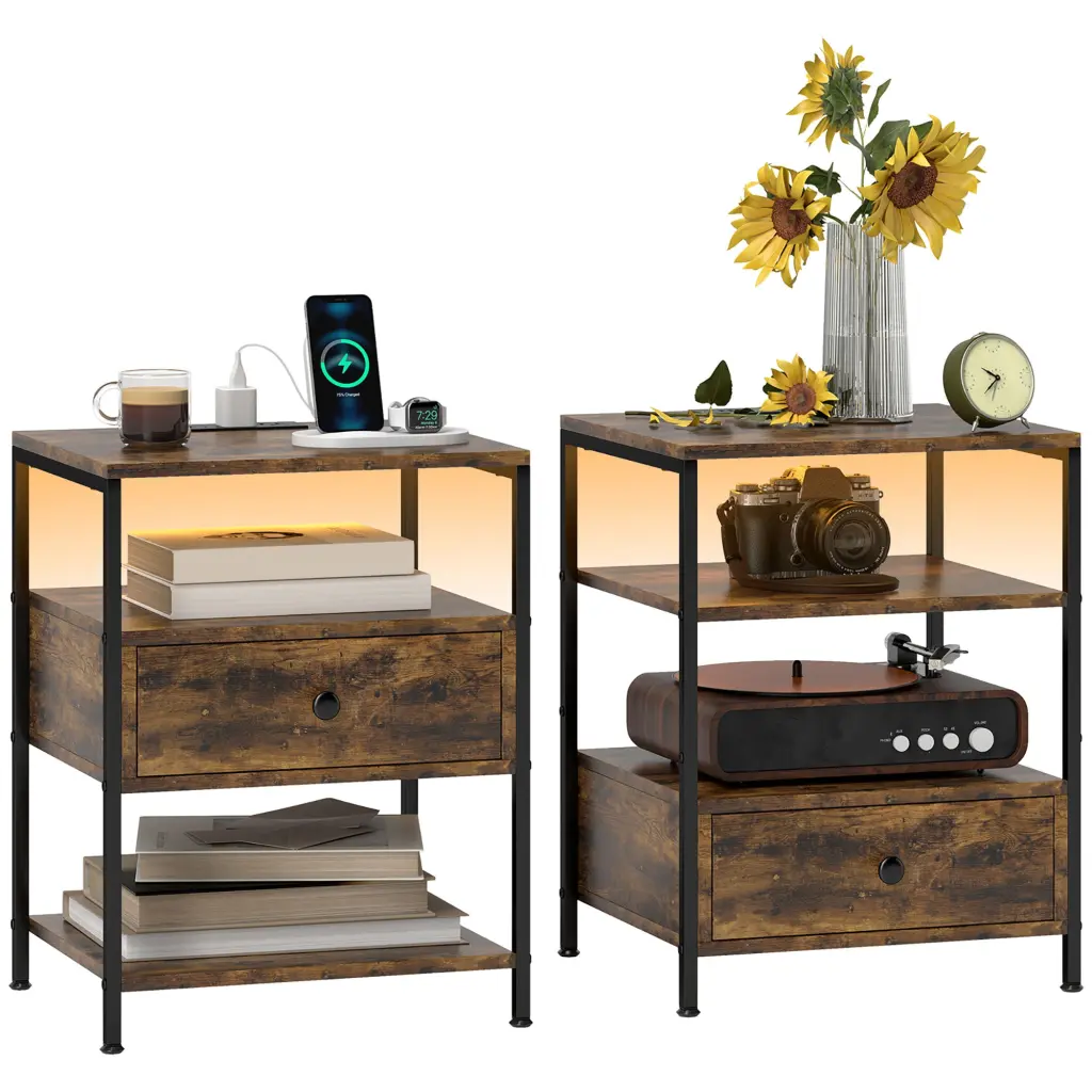 Homcom Set 2 End Tables Charging Stations And LED Lights 3 Tier aosom business
