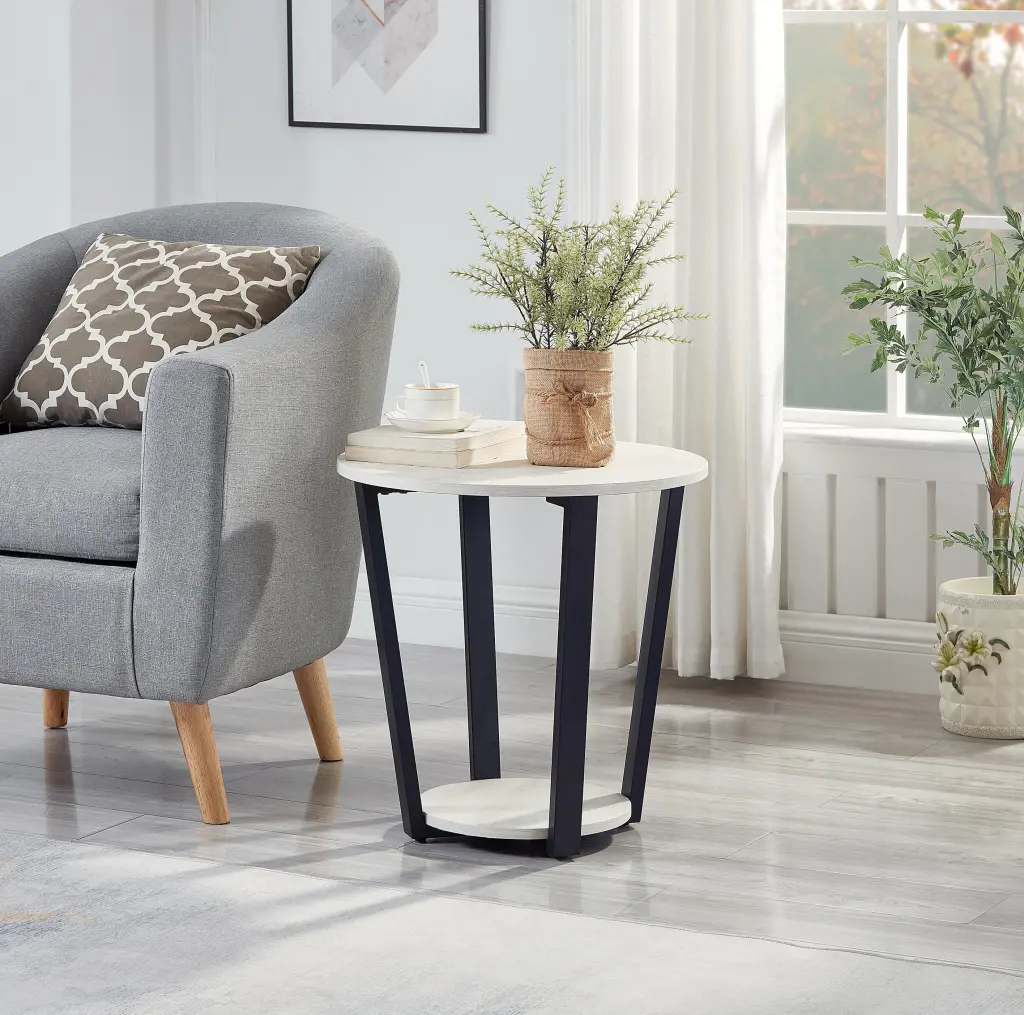 Contemporary Round End Table Shelf Off White Finish hz