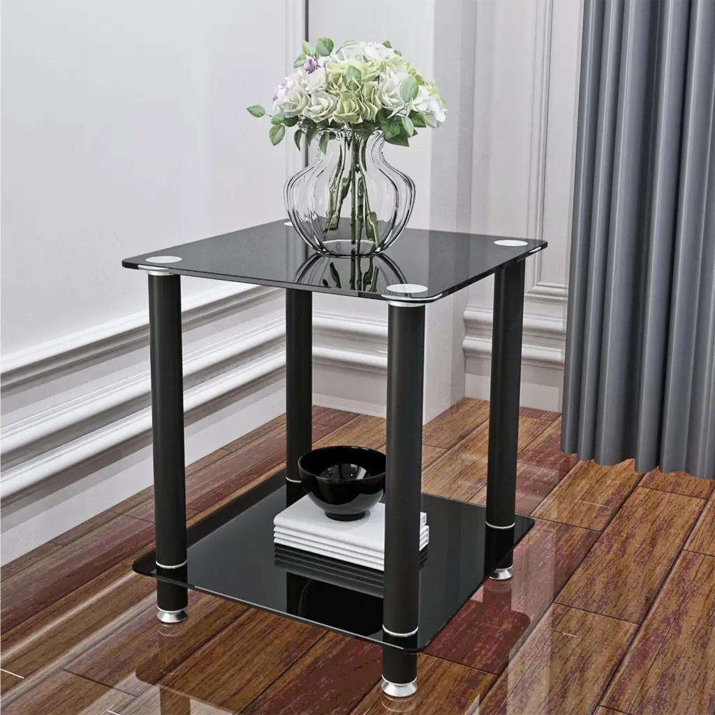2 Piece Black Side Table 2 Tier Space End Table Modern Night Stand Solid Wood jws-w241