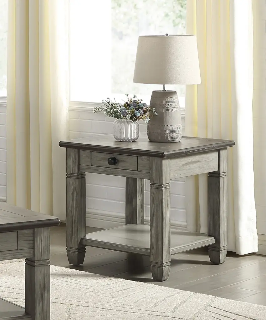 Coffee and Antique Gray Finish End Table Drawer and Bottom Shelf kanepe