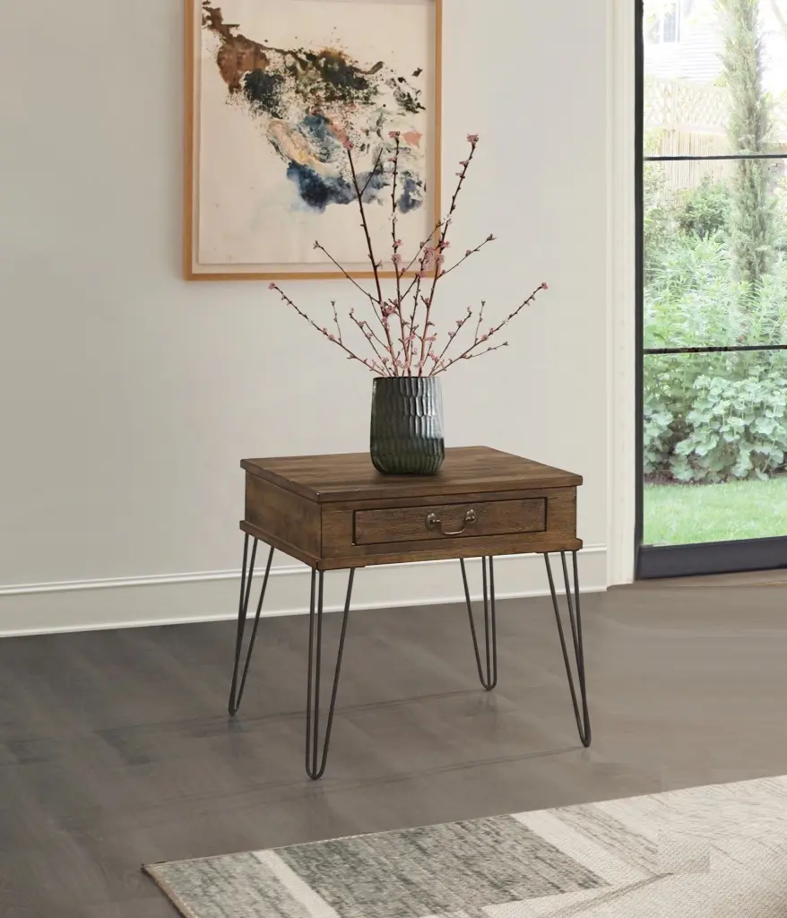 Rustic Oak and Black Finish Timeless End Table Drawer Metal Legs kanepe