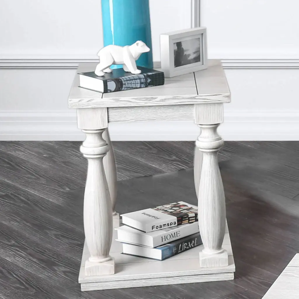 Rustic Style Antique White End Table Open Bottom Shelf Plank Design kanepe