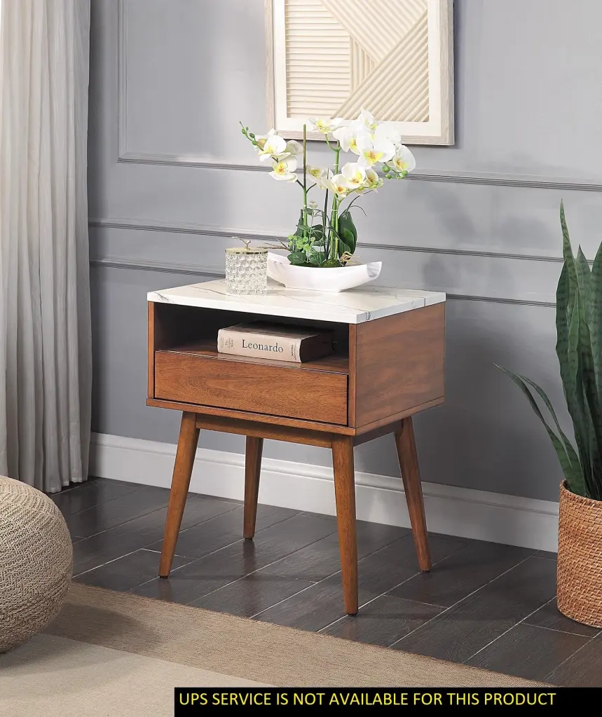 Walnut Finish End Table Faux Marble Top and Drawer Shelf Living Room kanepe