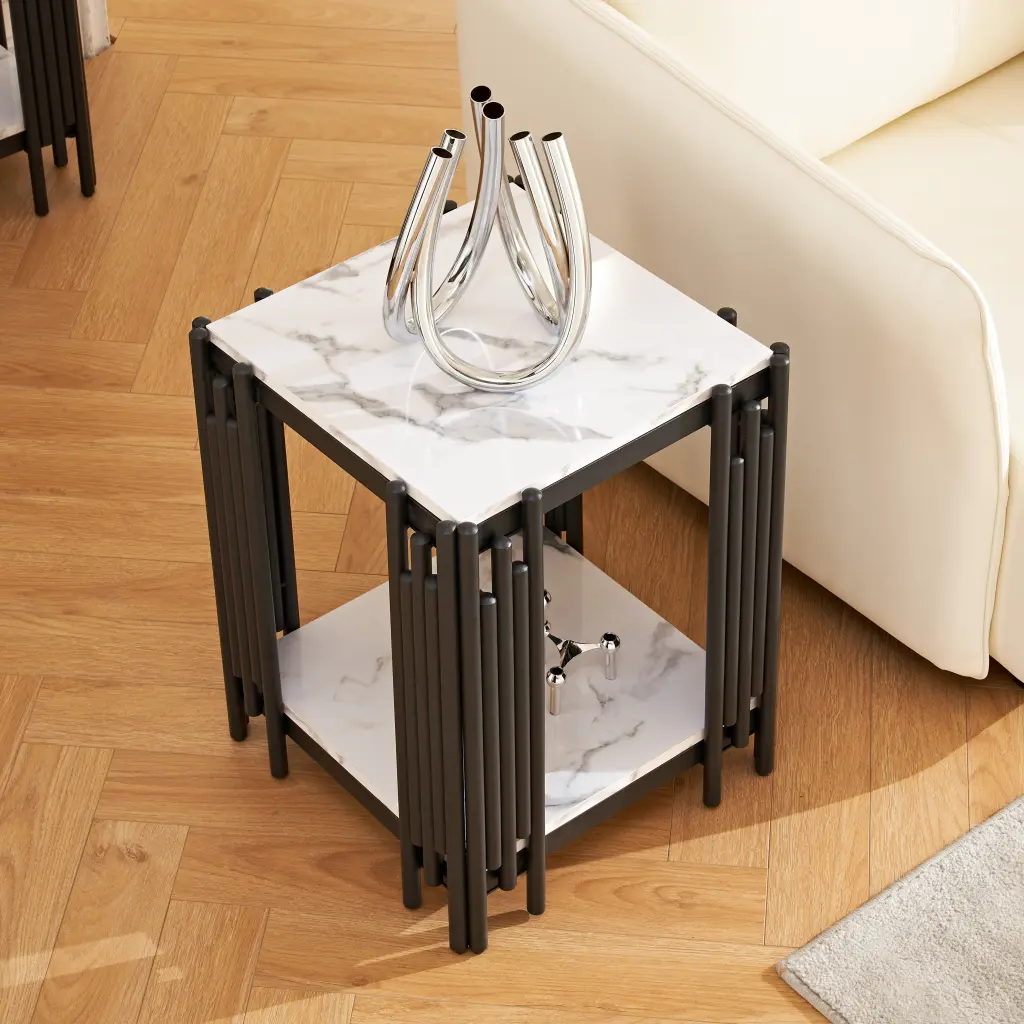 2 Tier Side Table Faux Marbling End Table Narrow Side Table Storage modasi