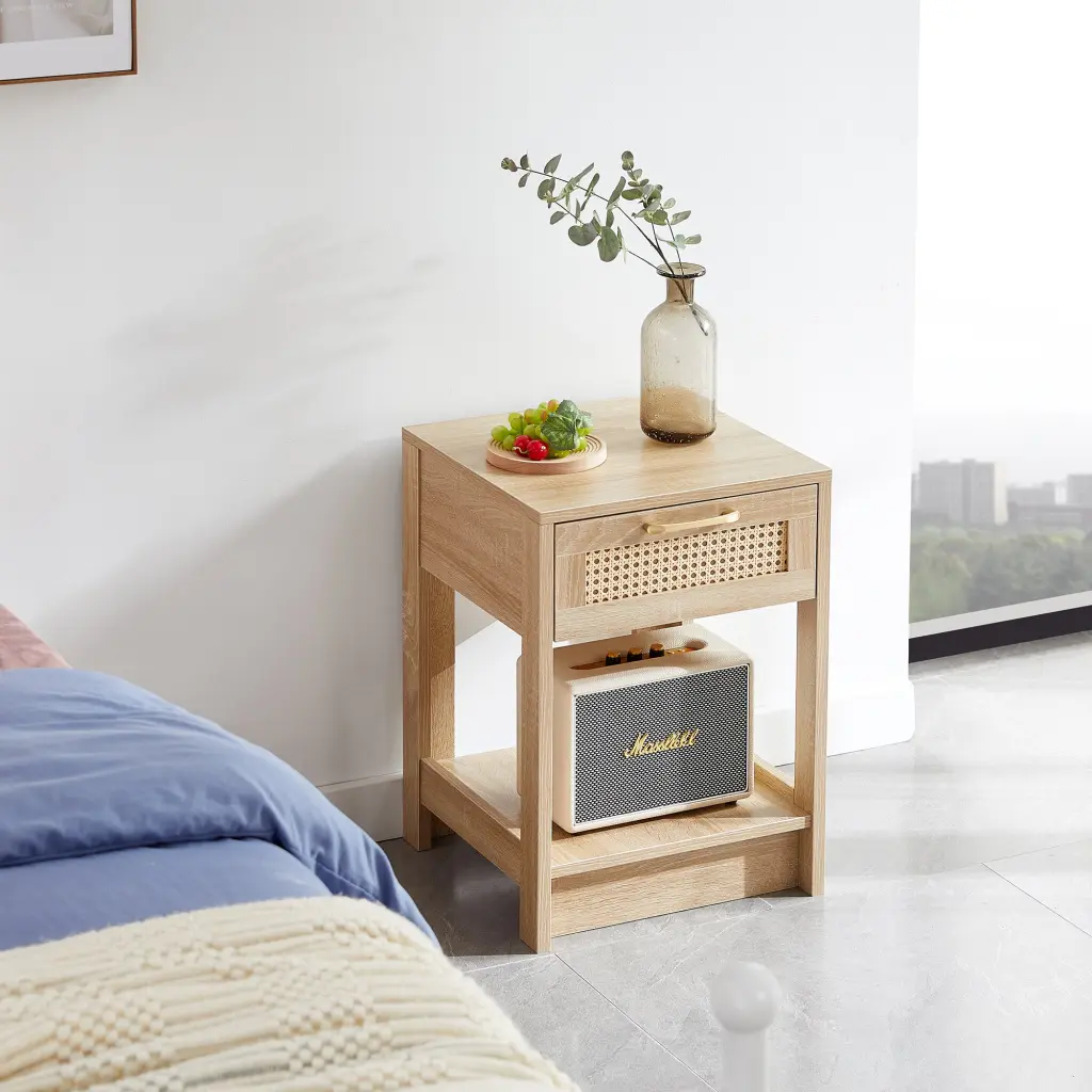 15.75 Inch Rattan End Table Drawer Modern Nightstand Side Table Living Room rnb