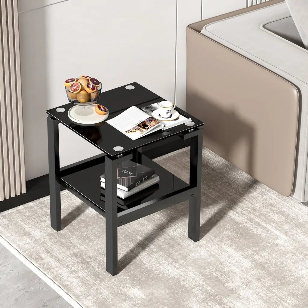 Black Crystal Clear Side End Table 2 Tier Space Corner Table Living Room rnb