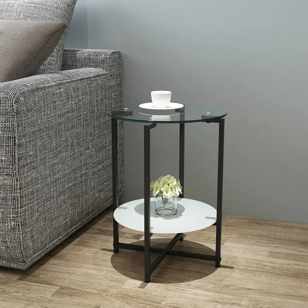 2 Layer Tempered Glass Round End Table Modern Coffee Table Bedroom Living Room rnb