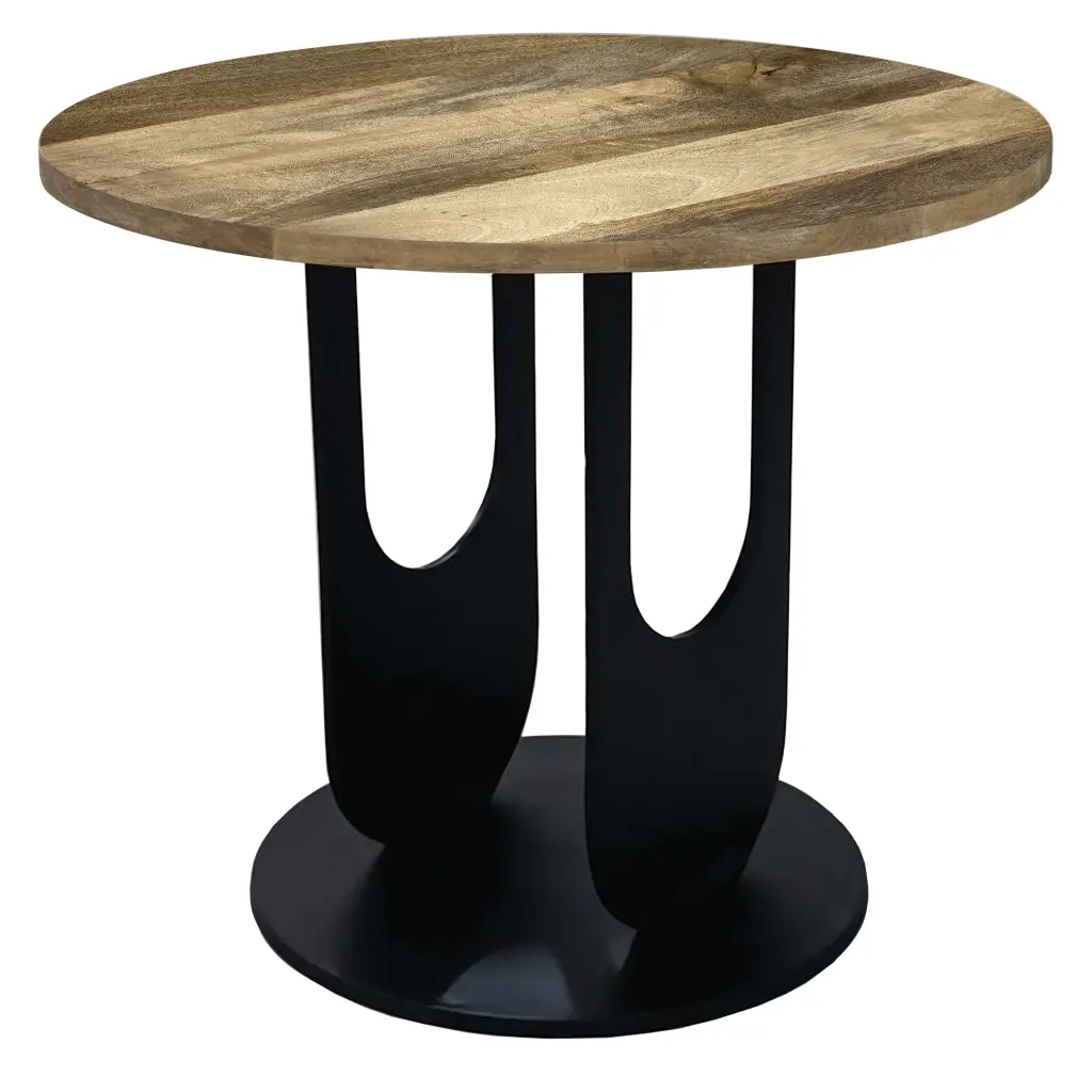 22 Inch Side End Table, Round Natural Mango Timber Top, Black Ferrous Metal U Shape royal hampton