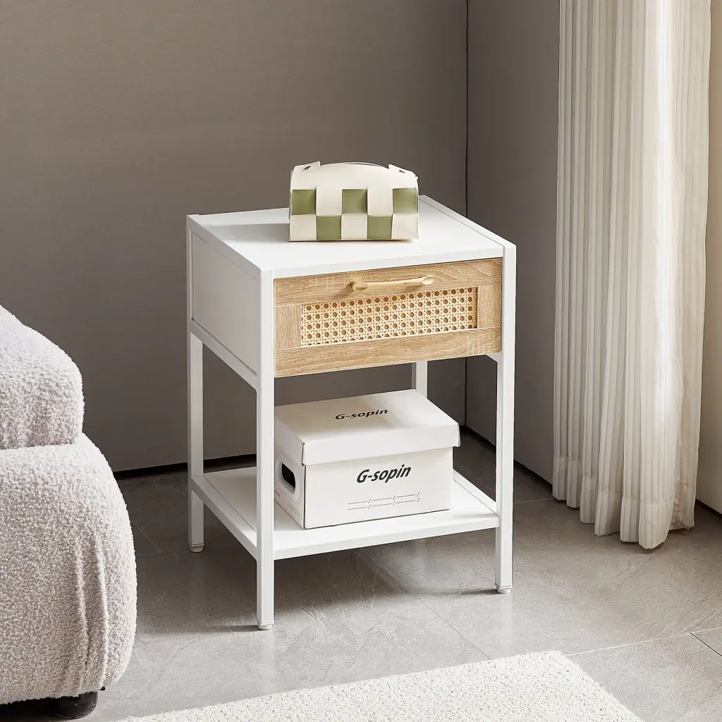 15.74 Inch Rattan End Table Drawer Modern Nightstand Metal Legs sya furniture