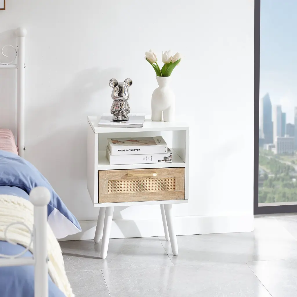 15.75 Inch Rattan End Table Drawer And Solid Wood Legs Modern Nightstand sya furniture