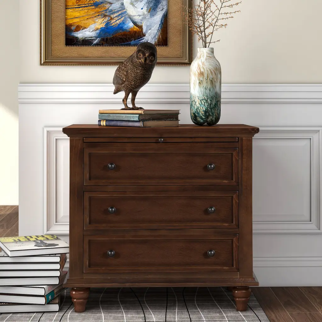 3 Drawer Storage Timber Cabinet End Table Pull Out Tray Living Room u_style