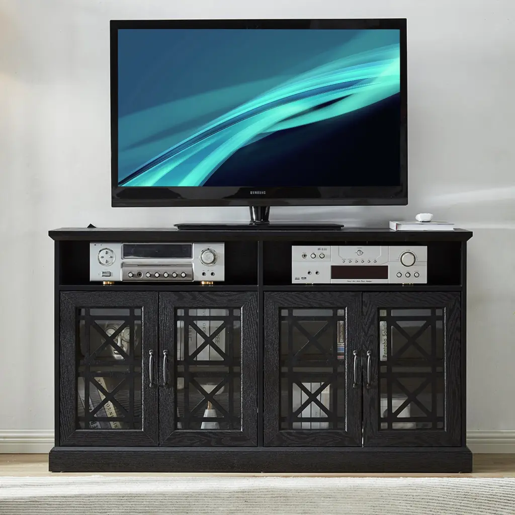 53 Inch TV Console Storage Buffet Cabinet Black Timber Grain Finish jaydenmax