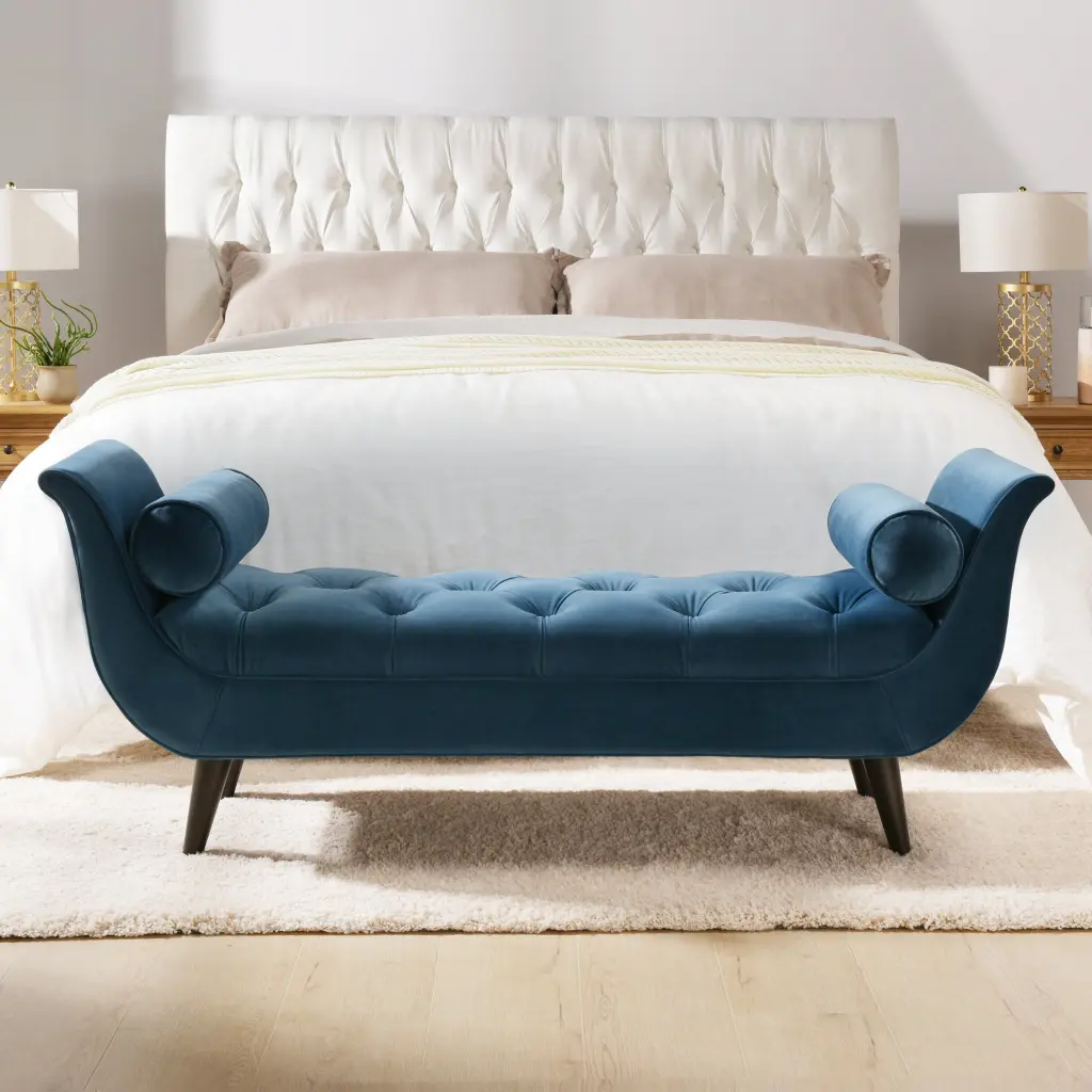 Alma Tufted Flared Arm Entryway Bench Satin Teal Blue Velvet Foam Seat jennifer taylor home