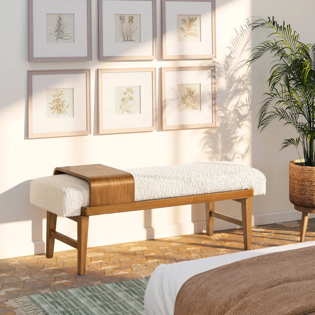 Billie 52 Inch Modern Telephone Bench Sliding Shelf Ivory White Boucle jennifer taylor home