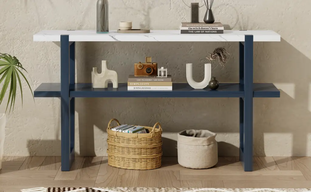 Retro Elegant Console Table Stone Effect Top And Multi Functional Storage rnb