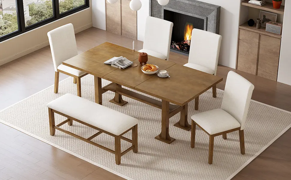 Farmhoutilize 76 Inch 6 Piece Extendable Dining Table Set Trestle Kitchen Table rnb