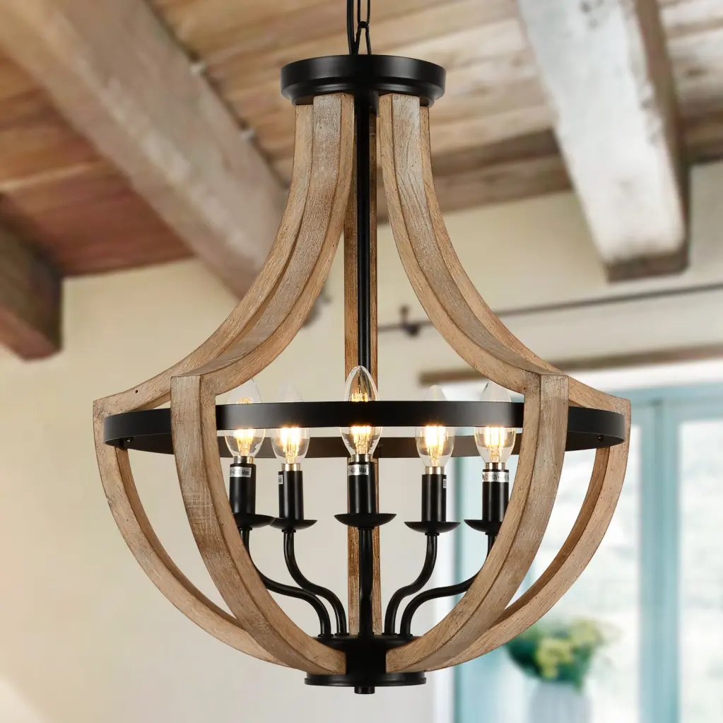 19 Inch Farmhouse Timber Chandelier Light Fixture Brown Solid Wood Ceiling Lighting dfzj