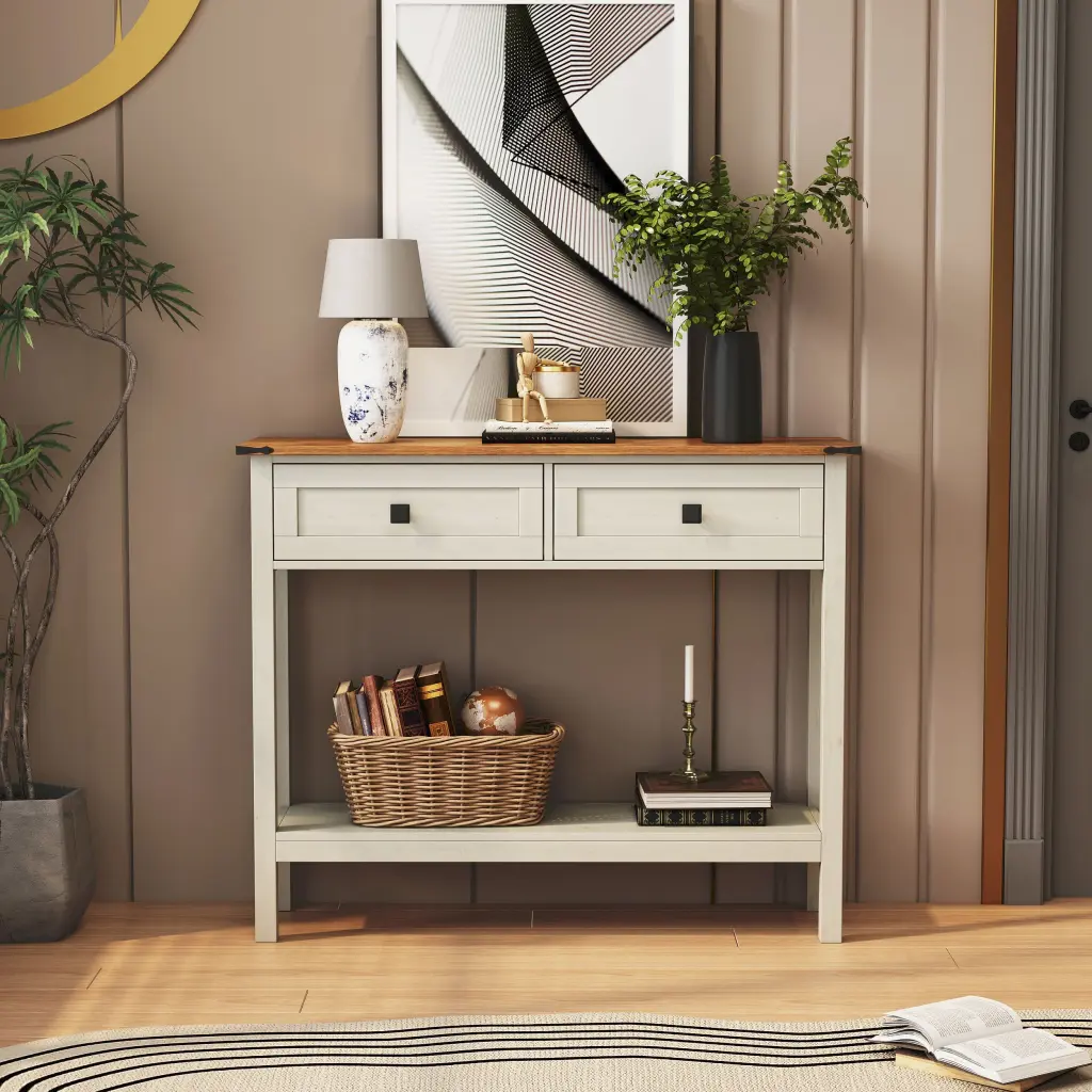 Farmhouse Style Console Table 2 Drawer And Bottom Storage Shelf Rustic Entryway Table wonderland