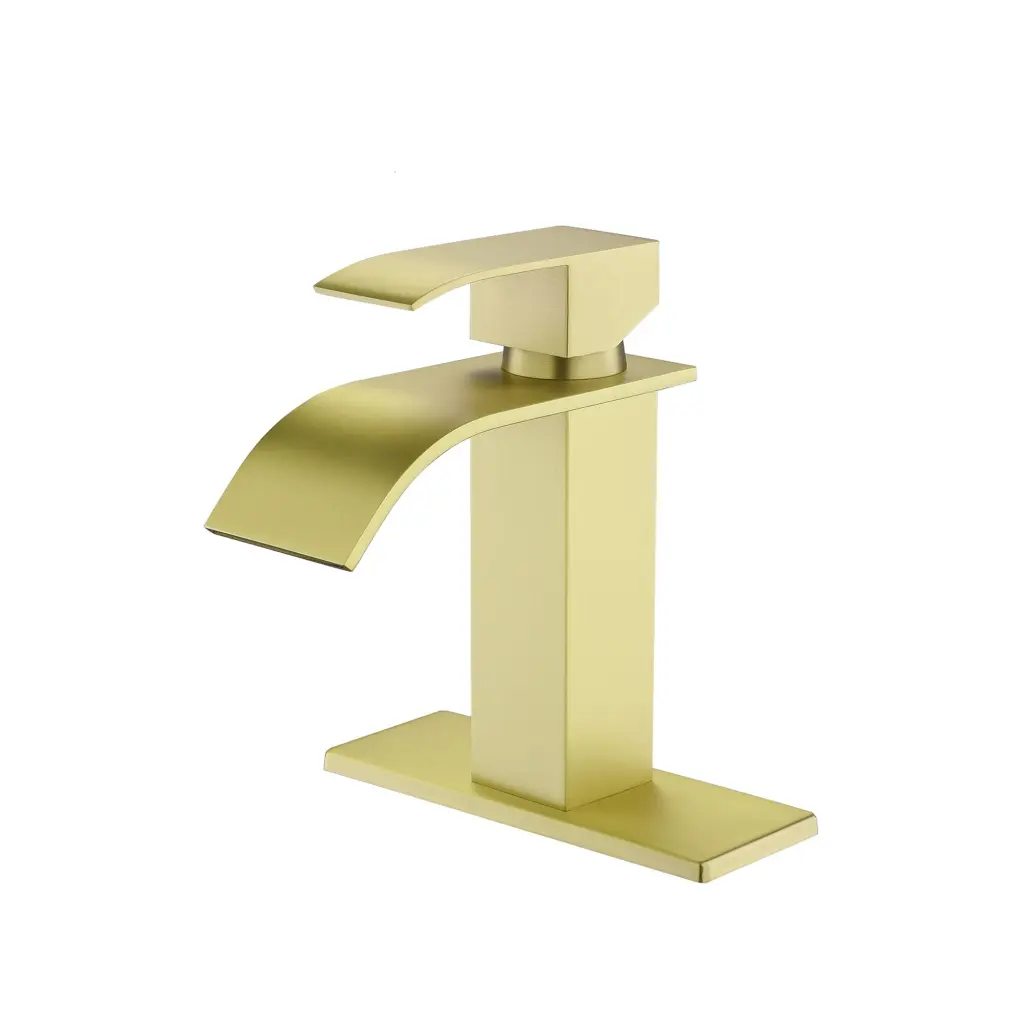 Waterfall Spout Single Handle Bathroom Sink Faucet Brushed Gold Stainless Steel Modern Faucet w2287