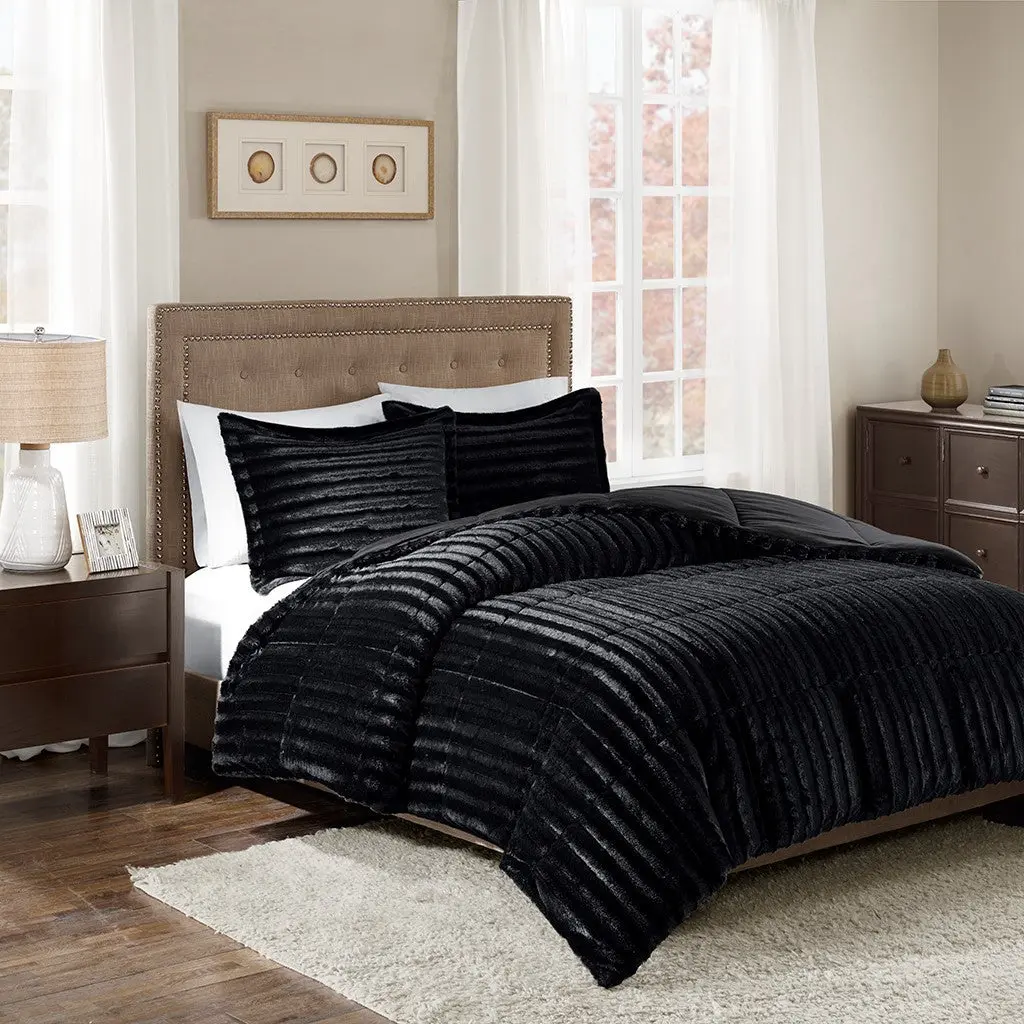 Faux Fur Comforter Mini Set Queen Size Black Polyester jla