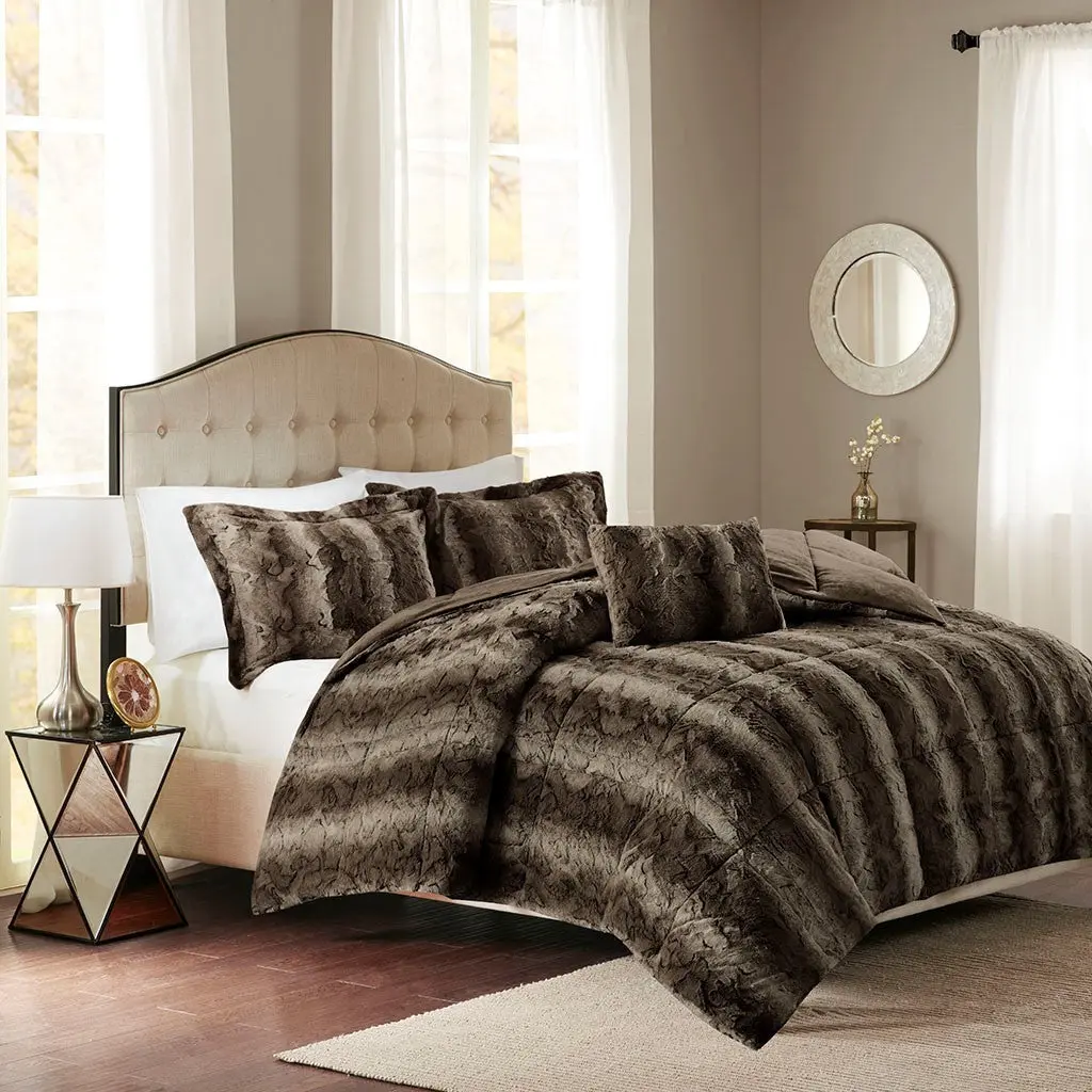 4-Piece Faux Fur Comforter Set Queen Size Dark Brown Polyester jla