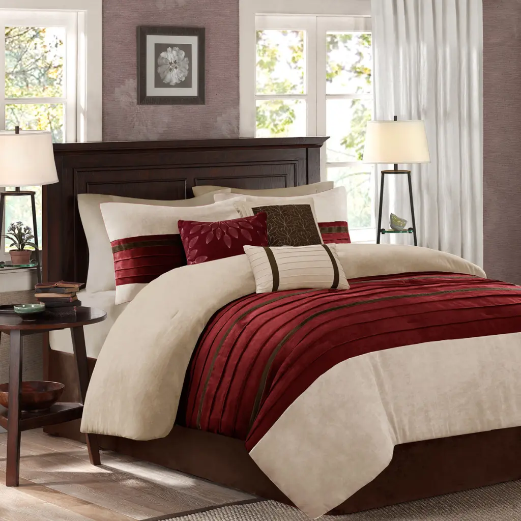 7 Piece Pieced Faux Suede Comforter Set Red California King Size jla