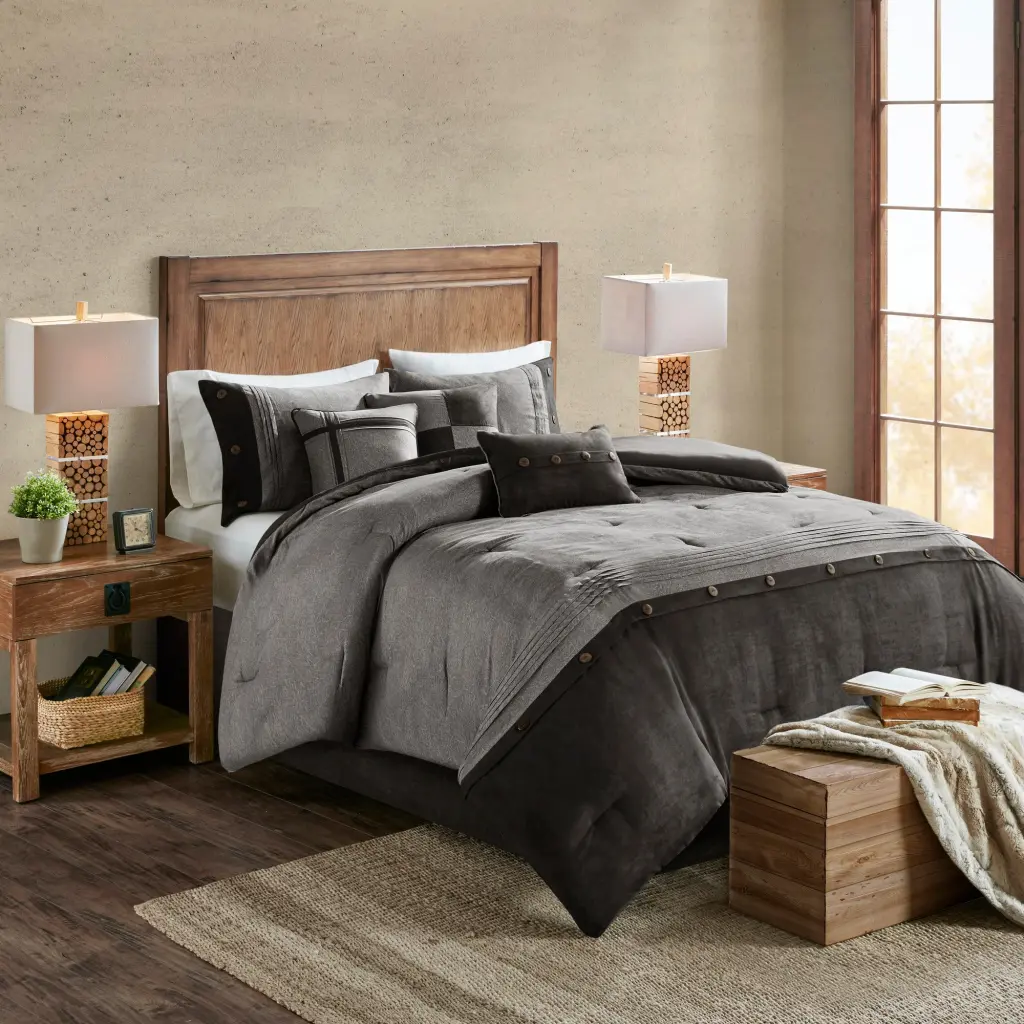 7 Piece Faux Suede Grey King Size Comforter Set Polyester Luxury Bedding jla