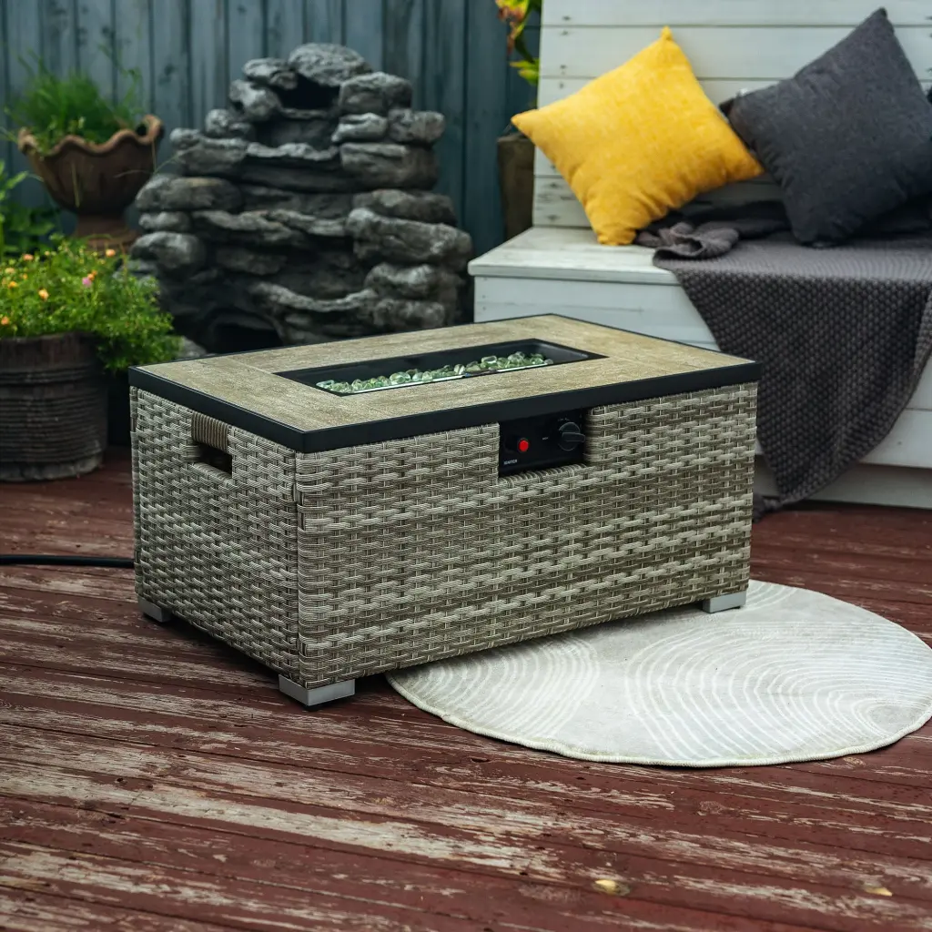 Beige Rattan Fire Pit Table Tank Holder and Ceramic Tile Tabletop Outdoor Decor rnb