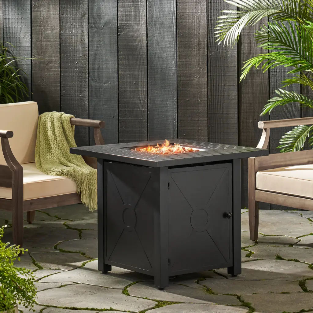 Outdoor Patio Propane Fire Pit - 24.5H X 28W Square Ferrous Metal Gas Burning nh-bc furniturings