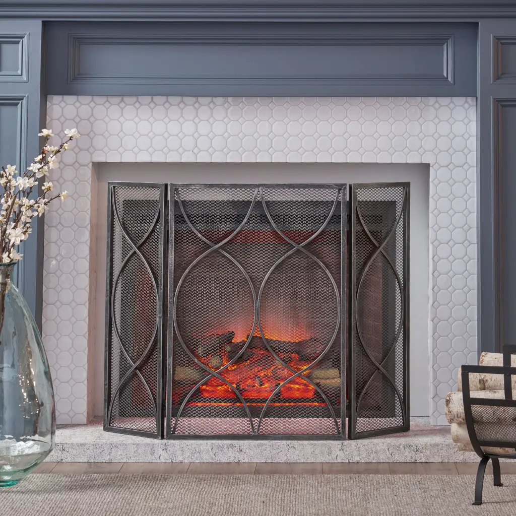 Fire Screen Black Shiny Metal - Ferrous Metal Fireplace Safety nh-home living