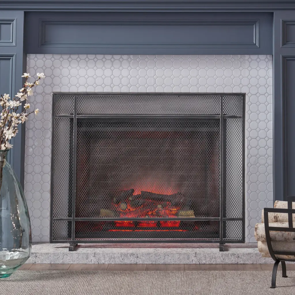 Fire Screen Black Silver Iron Fireplace Guard Spark Screen nh-home living