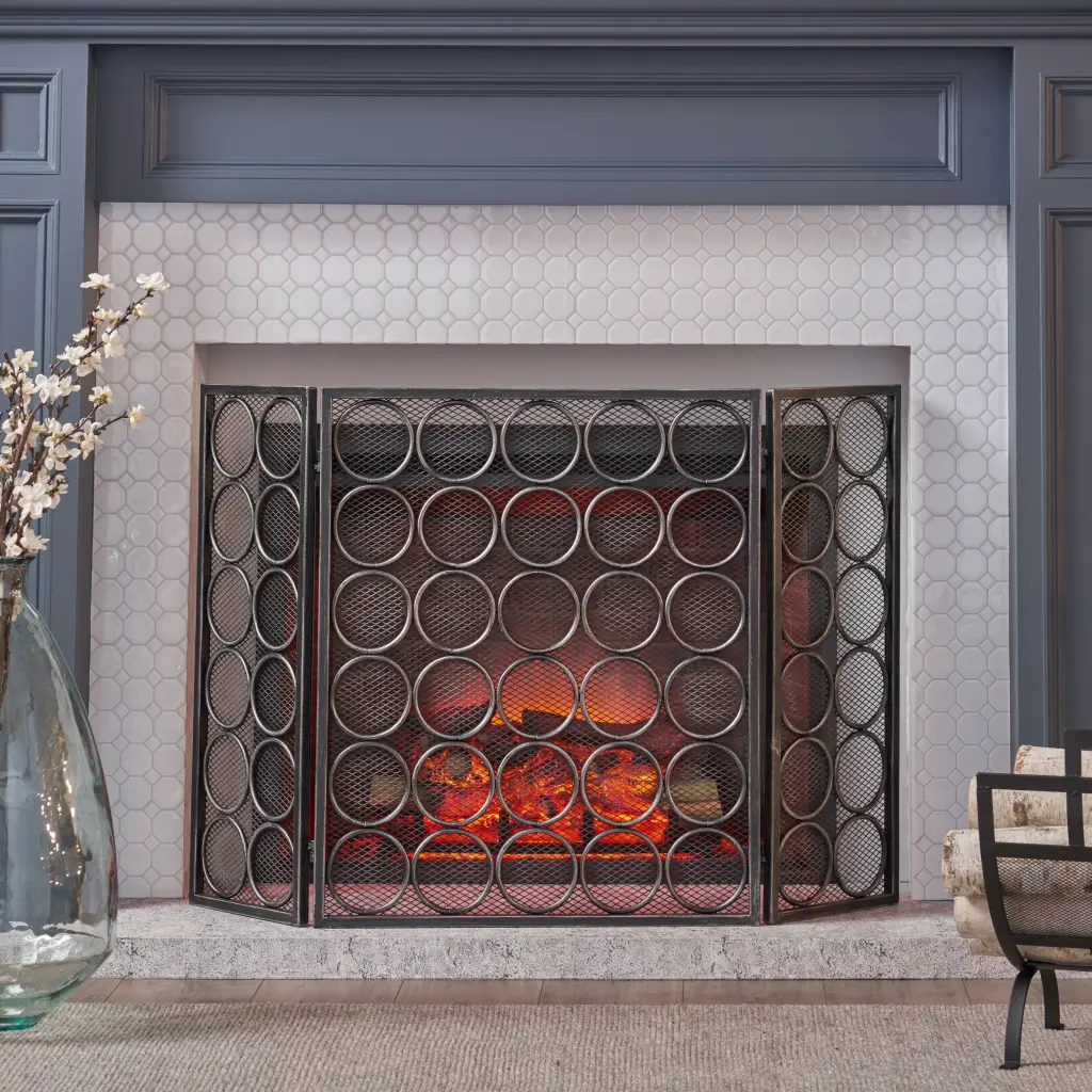 Fire Screen Black Shiny Metal Ferrous Metal Fireplace Accessory nh-home living