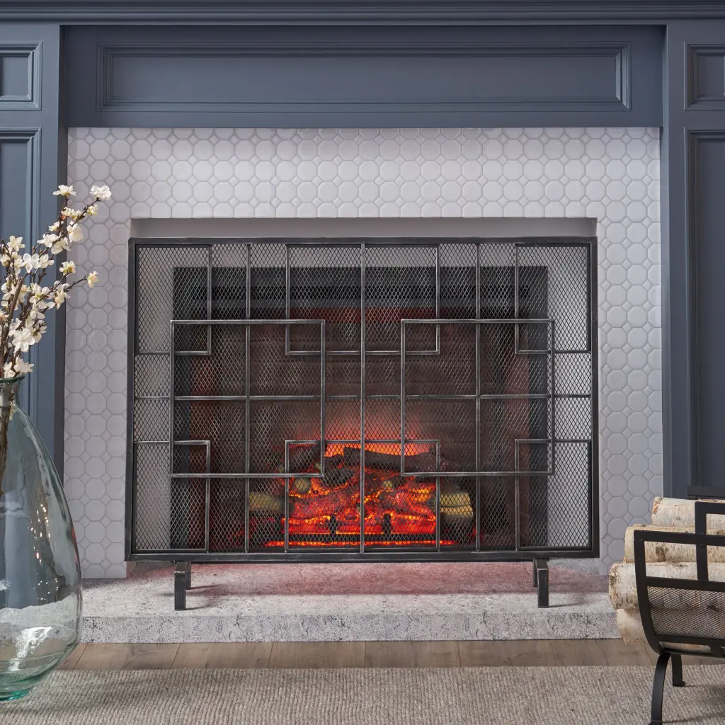 Fire Screen Black Shiny Metal Ferrous Metal Fireplace Accessory Home Safety nh-home living