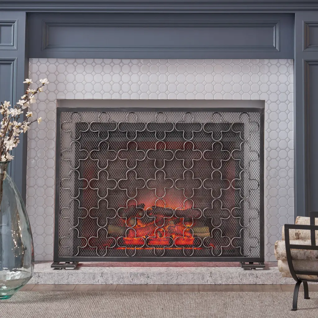 Fire Screen Black Silver Iron Fireplace Guard Spark Protection nh-home living