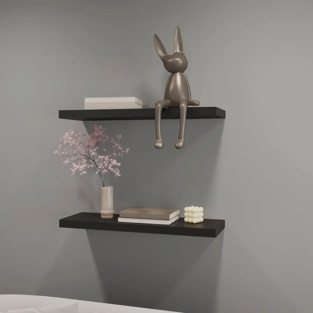 Black Iva Floating Shelf Set 2 Melamine Horizontal Wall Shelves fm furniture