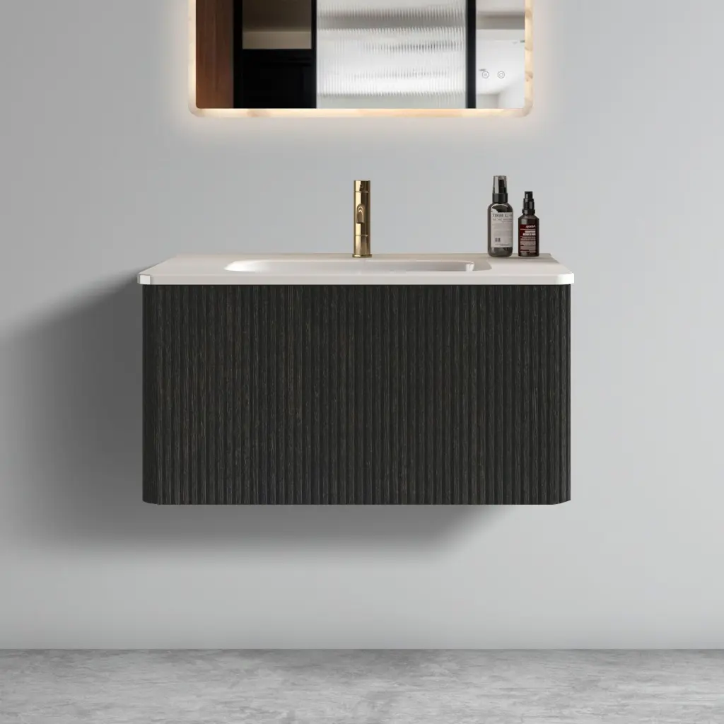 Etna 30 Inch Striped Brushed Black Oak Floating Bathroom Vanity abay home