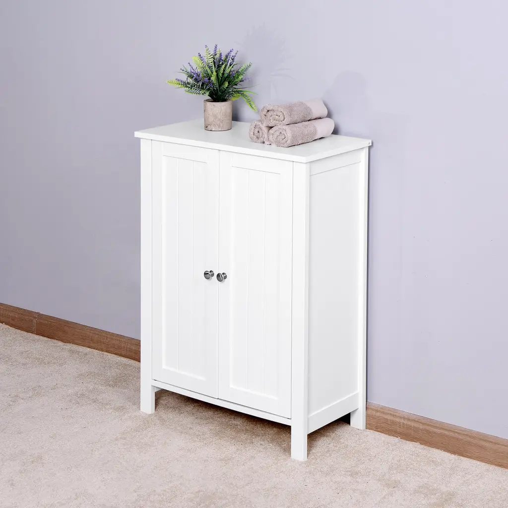 White Bathroom Floor Storage Cabinet Double Door and Customizable Shelf newmark