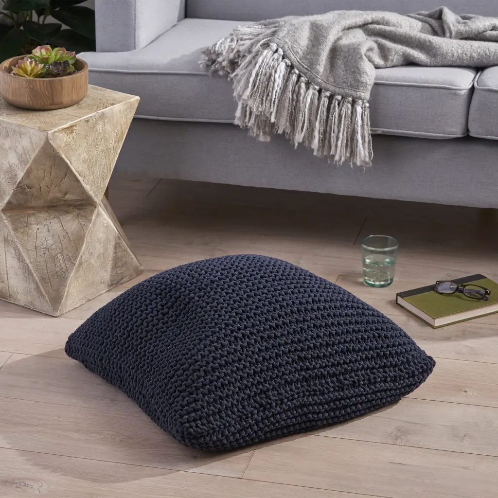 Knitted Floor Cushion Dark Blue Cotton Large Comfortable Floor Pillow Living Room nh-sunfay