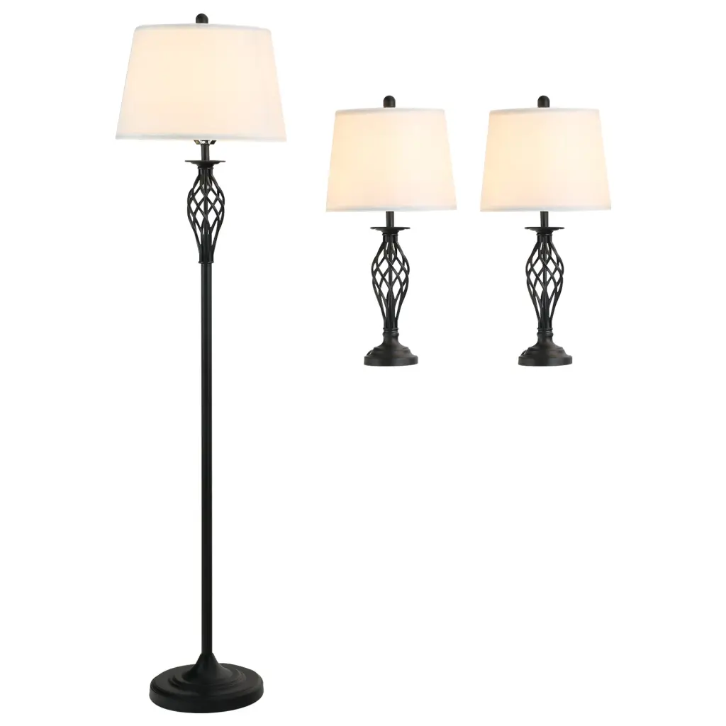 Homcom 3 Piece Table Floor Lamp Set Metallic Pole Round Base And Fabric Shades aosom business