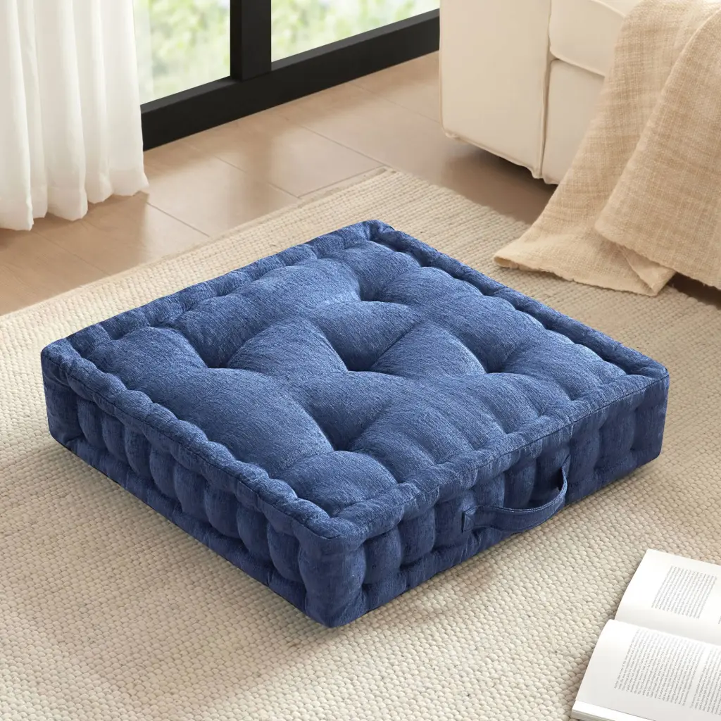 Poly Chenille Square Floor Pillow Cushion 24X24 Inches Navy Blue jla