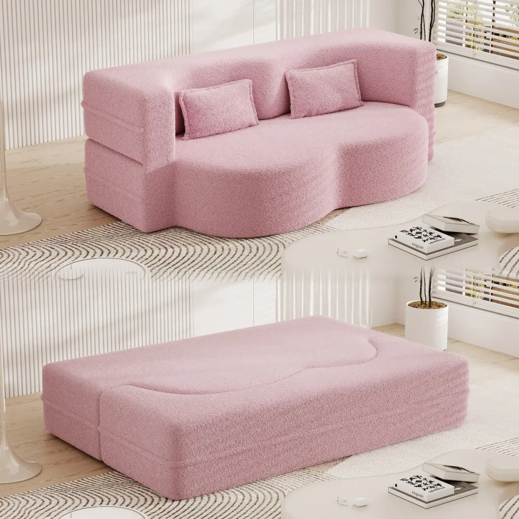 Modern Floor Sofa 2 Pillows Convertible Teddy Material Foam Filled Comfortable Lounge Seating bobby furniture