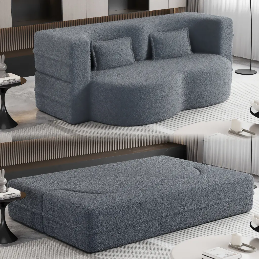 Modern Floor Sofa 2 Pillows Convertible Teddy Fabric Foam Filled Lounger bobby furniture