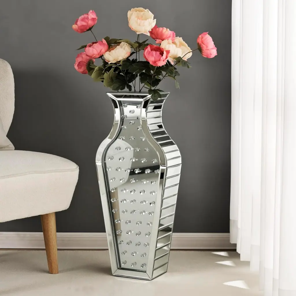 Glass Mirrored Decorative Floor Vase Shiny Metal MDF Crystal Mirror Home Decor glam furniture