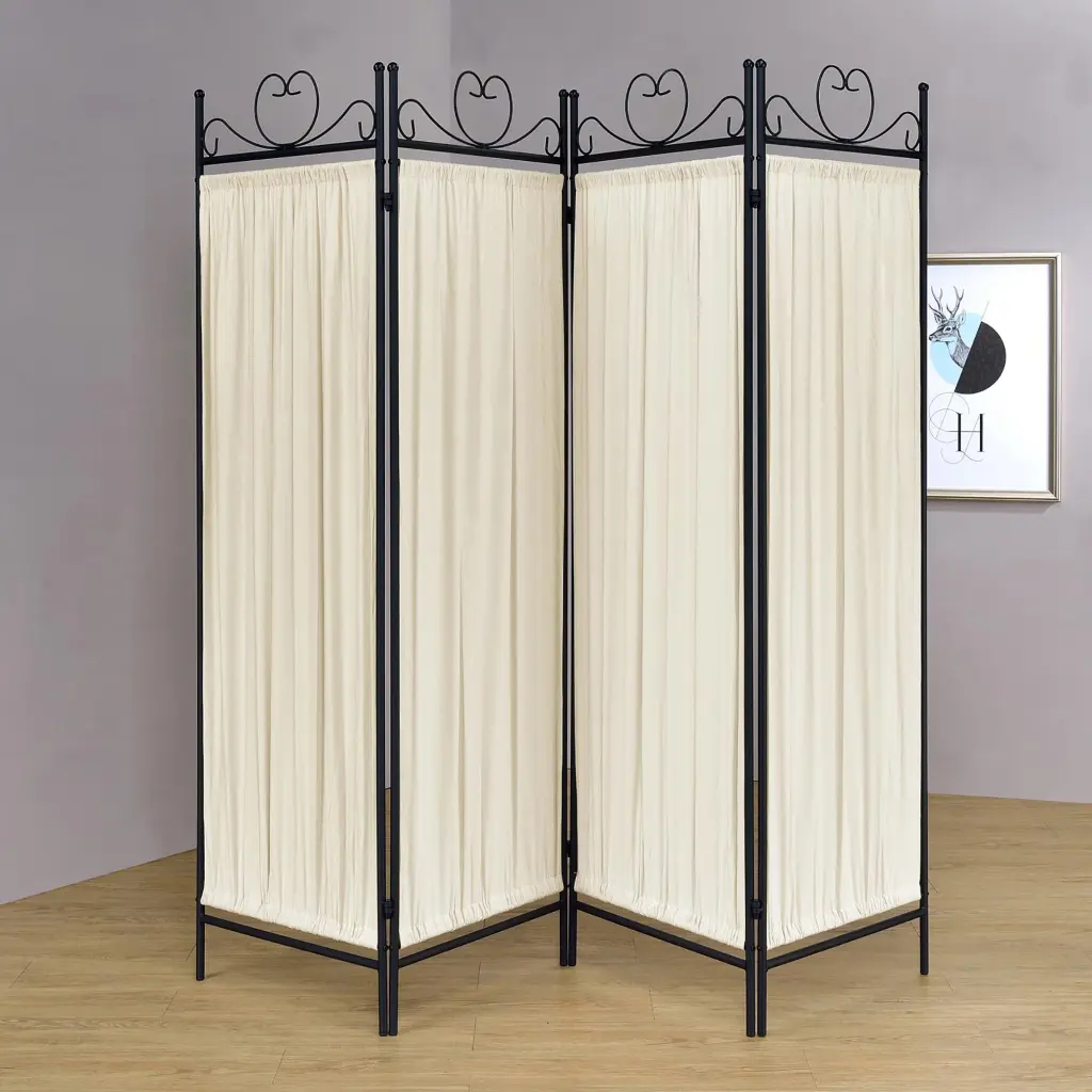 Beige and Black 4 Panel Folding Screen Traditional Metal Room Divider furniture max