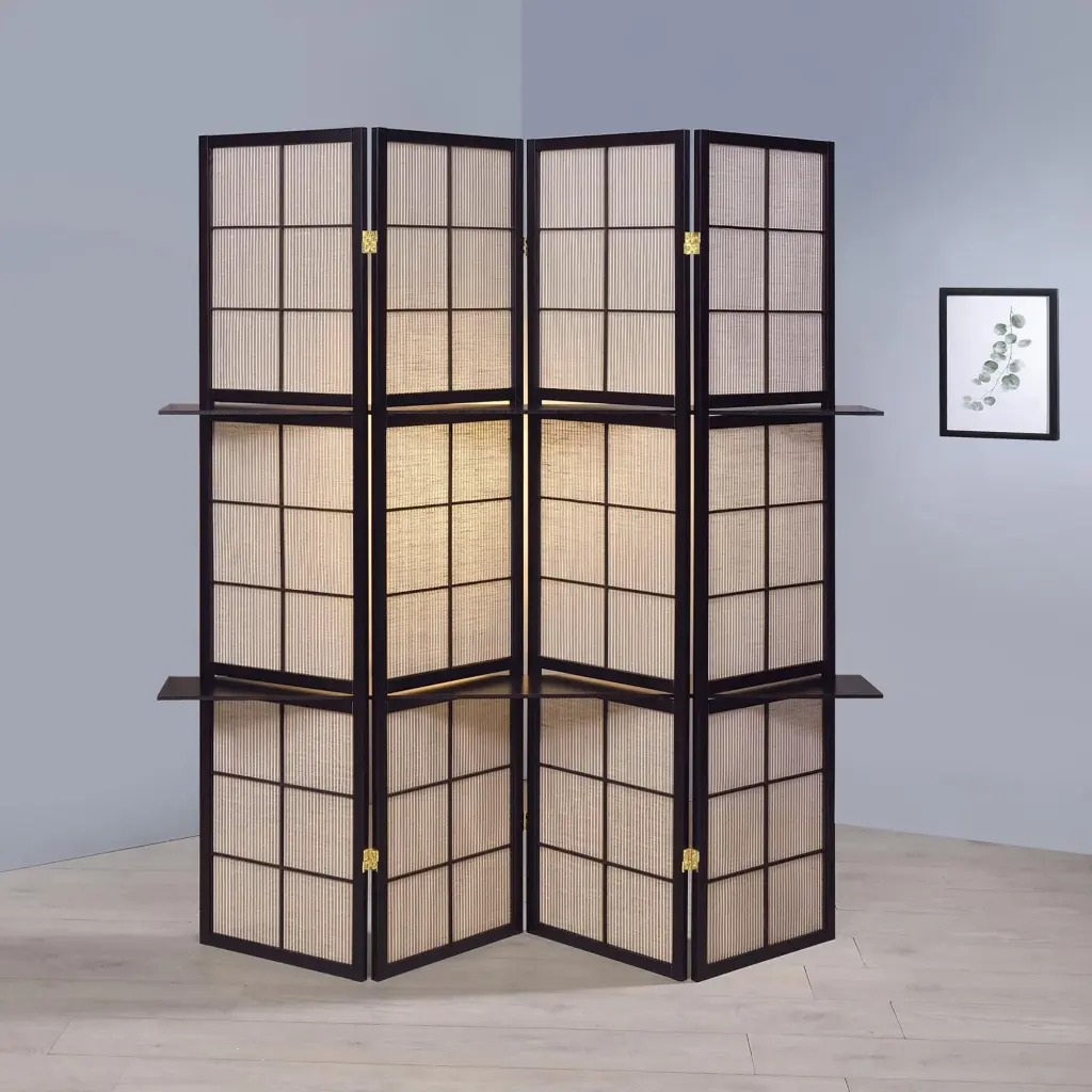 Tan And Cappuccino 4 Panel Folding Screen Brown Transitional Wood furniture max
