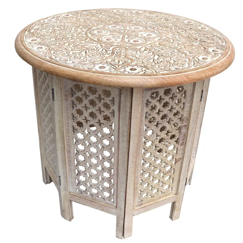 Mesh Cut Out Carved Mango Wood Octagonal Folding Table Round Top royal hampton