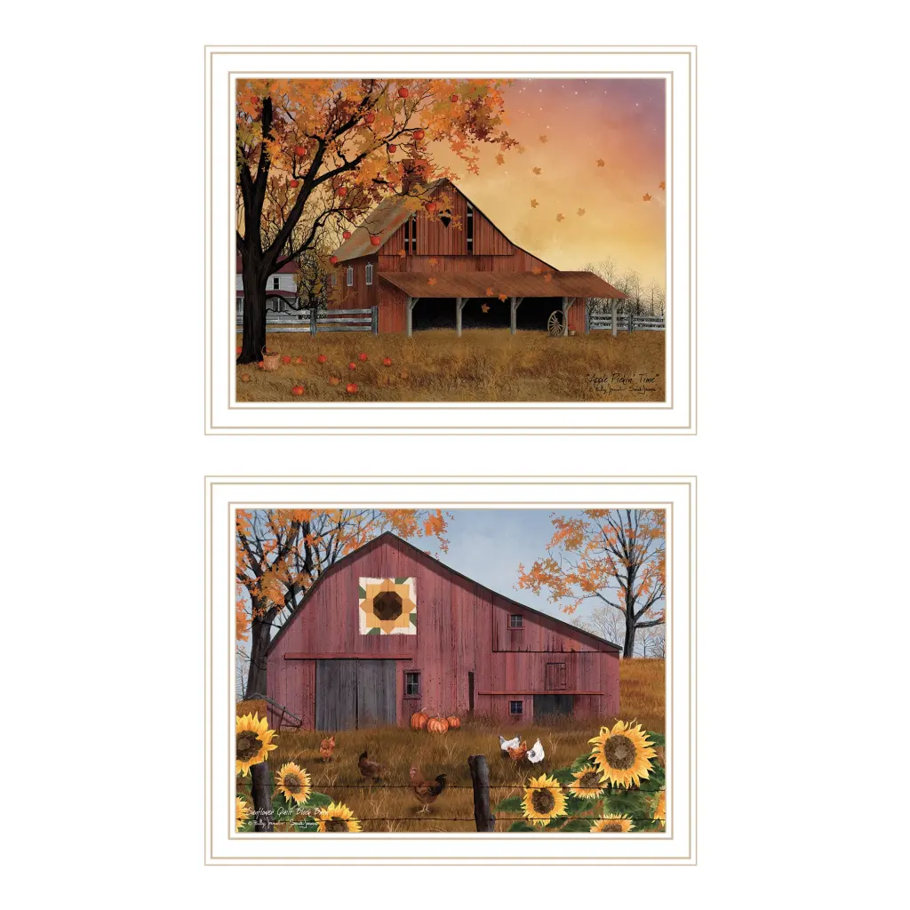 2 Piece Vignette Apple Picking Time Sunflower Quilt Barn White Framed Wall Art Set trendy decor 4u