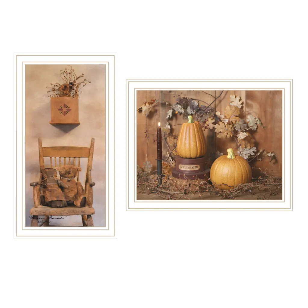 2 Piece Vignette Friends And Pumpkins White Framed Wall Art Fall Living Room Decor trendy decor 4u