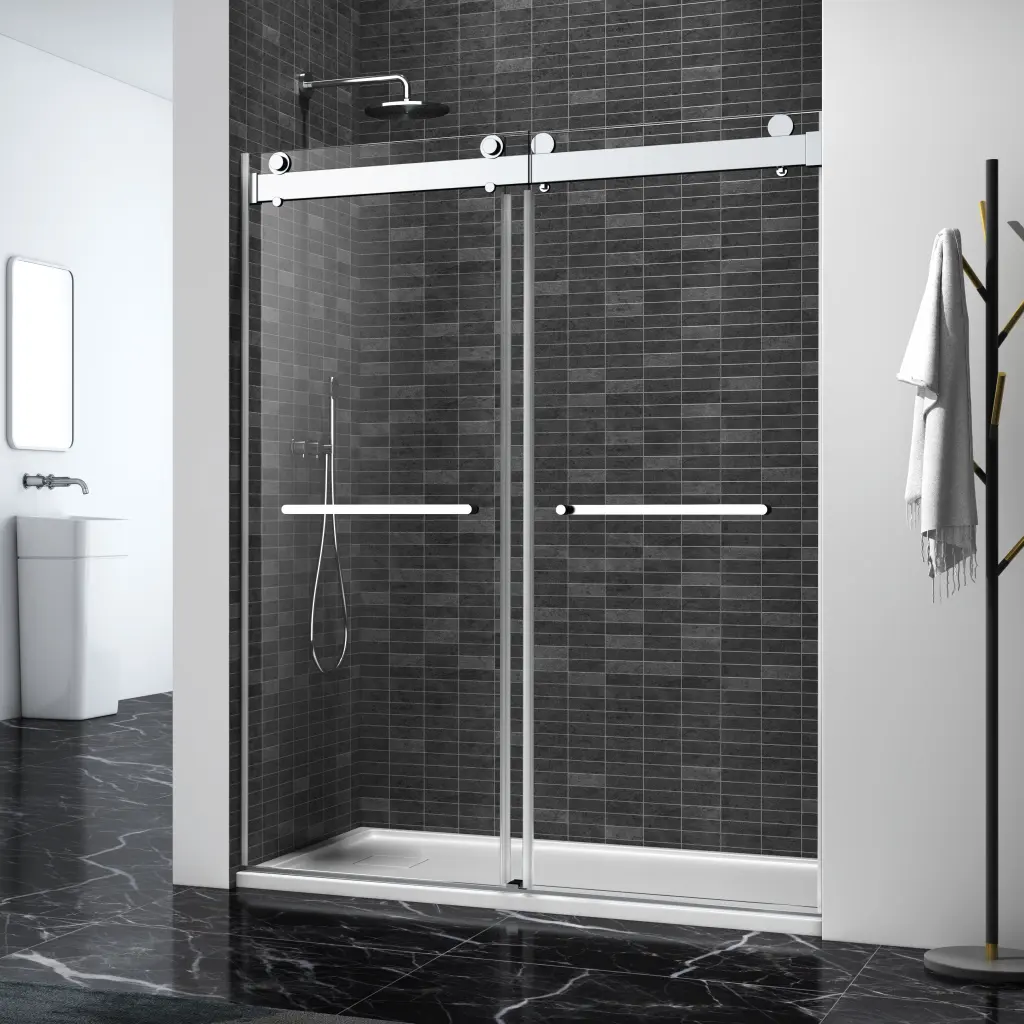 72x76 Inch Double Sliding Frameless Shower Door Brushed Nickel Buffer w1056 clovis